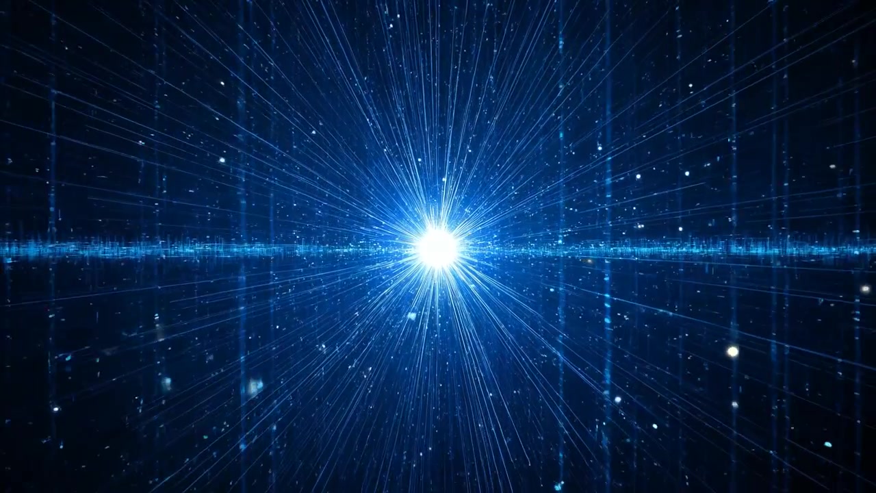 Brightening core emitting rays in blue field, crossing light band, sending data along grid