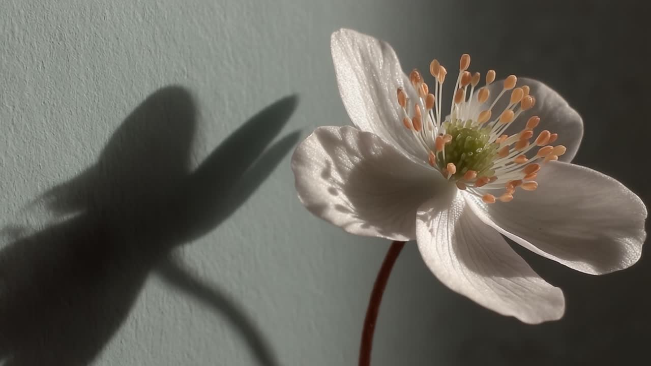 Un affascinante primo piano di un delicato fiore bianco, che mostra i suoi petali intricati e lo stame vibrante, illuminato da una luce soffusa su uno sfondo tenue.