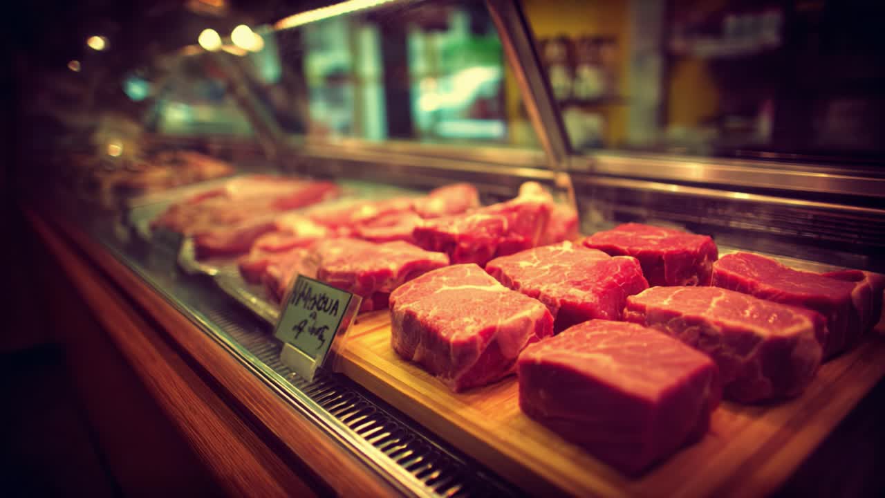 Verse stukken vlees uitgestald in een delicatessenwinkel, met kwalitatieve varkenskarbonades en sappige steaks die klaar zijn voor de verkoop