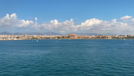 skyline of the city of palma de mallorca recorded from a moving boat