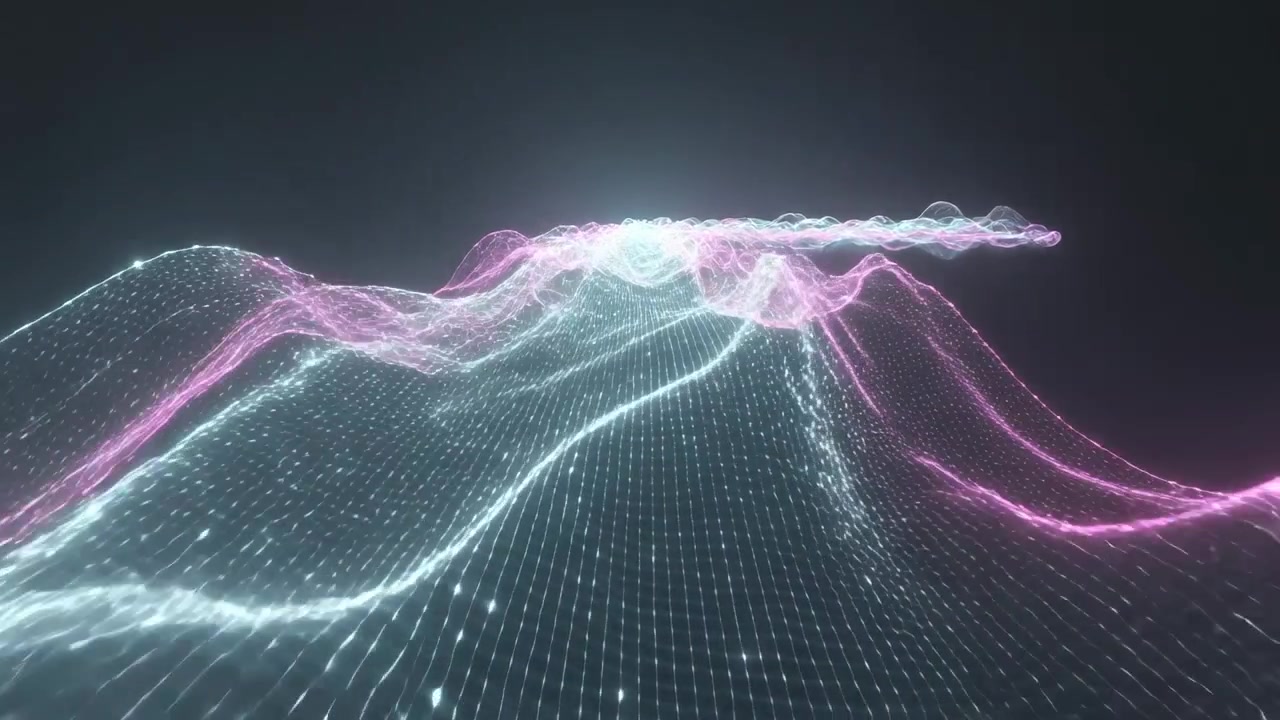 Appearing horizon glow as crest, waveform advancing toward cam in void, teal grid, magenta ribbons