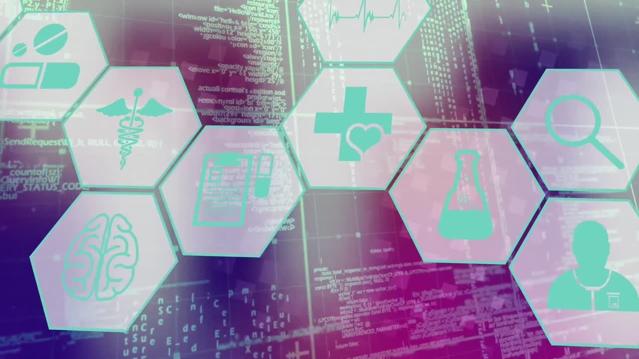 animación de iconos científicos en hexágonos sobre fondo violeta y gris con procesamiento de datos