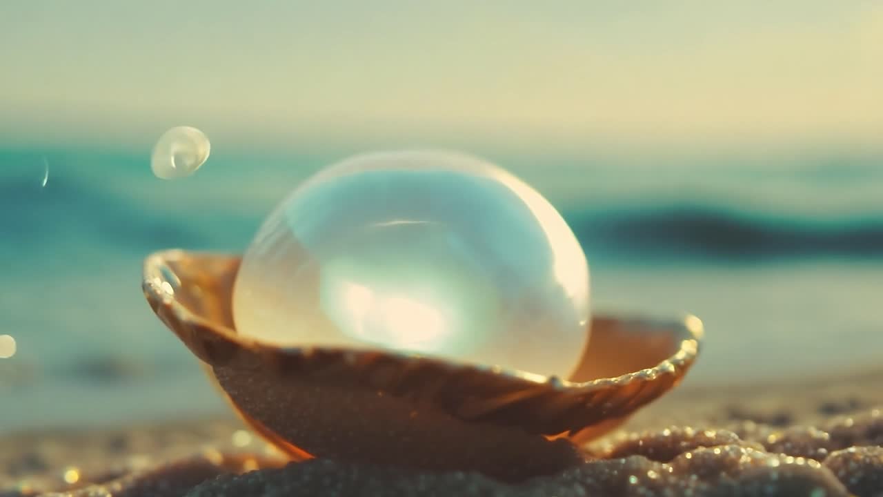la luz del sol se refleja en una esfera de vidrio que descansa en una concha de mar, creando una escena de playa serena llena de belleza natural