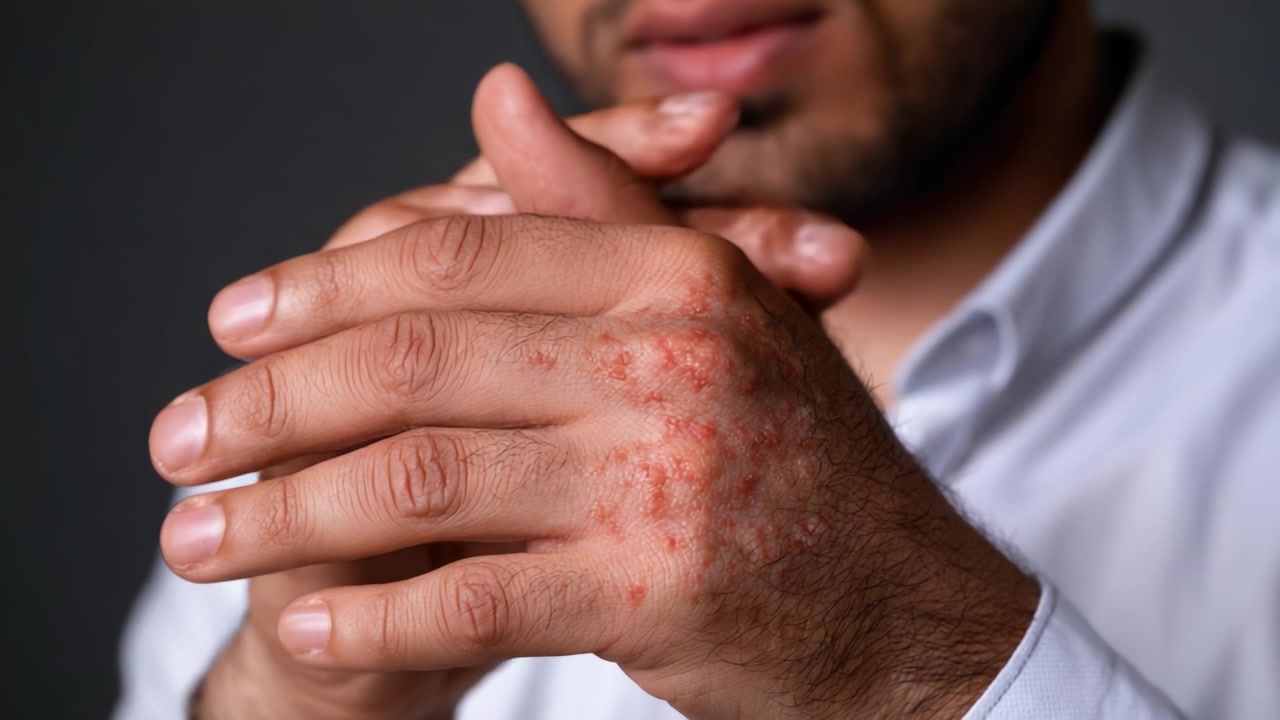 Exploring Skin Conditions: Close-Up of Inflammatory Patches on Hands Intertwined in Discussion, Highlighting the Impact of Dermatological Issues on Daily Life