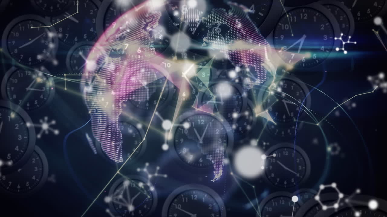 Animation of network of connections, molecules and globe over moving clocks