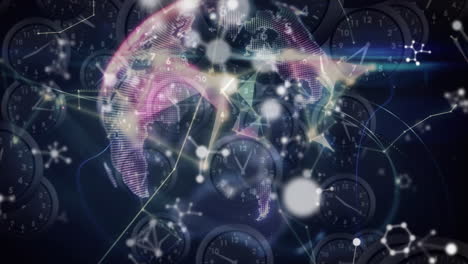 animación de la red de conexiones, moléculas y globo sobre relojes en movimiento