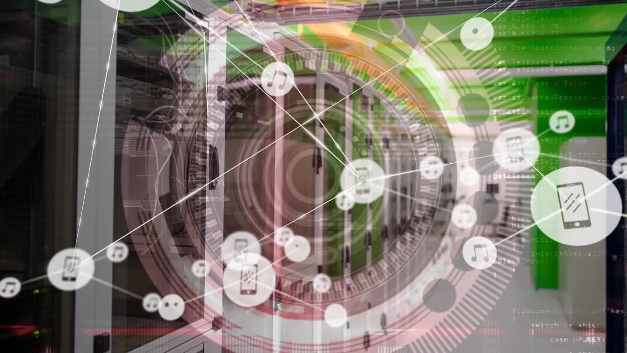 Animation of network of connections with icons over scope and computer server background