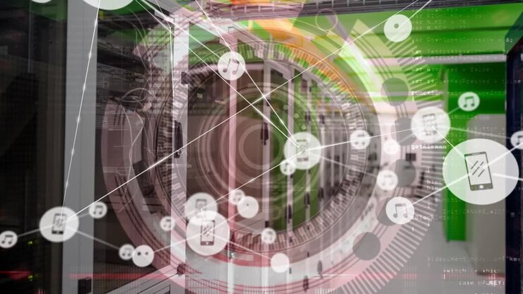 Animation of network of connections with icons over scope and computer server background