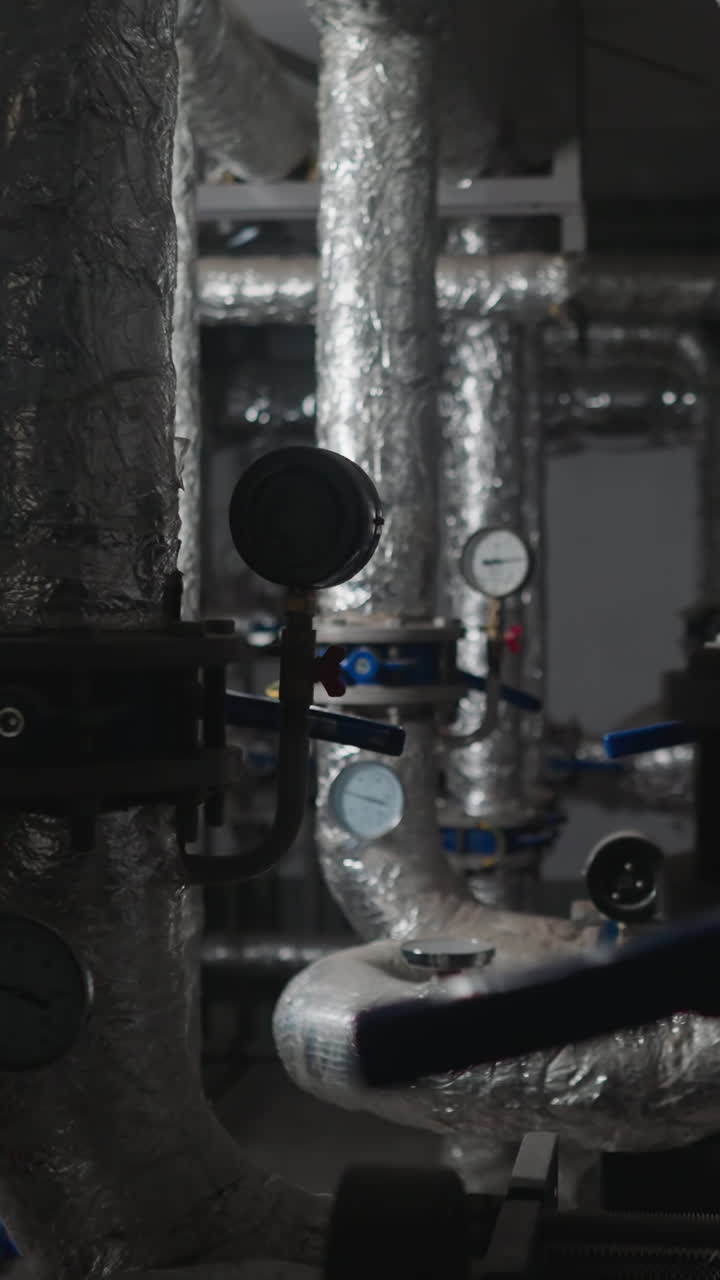 Pipes covered with foil thermal insulation to retard heat flow in boiler house. Central heating system with connected pipelines in building basement