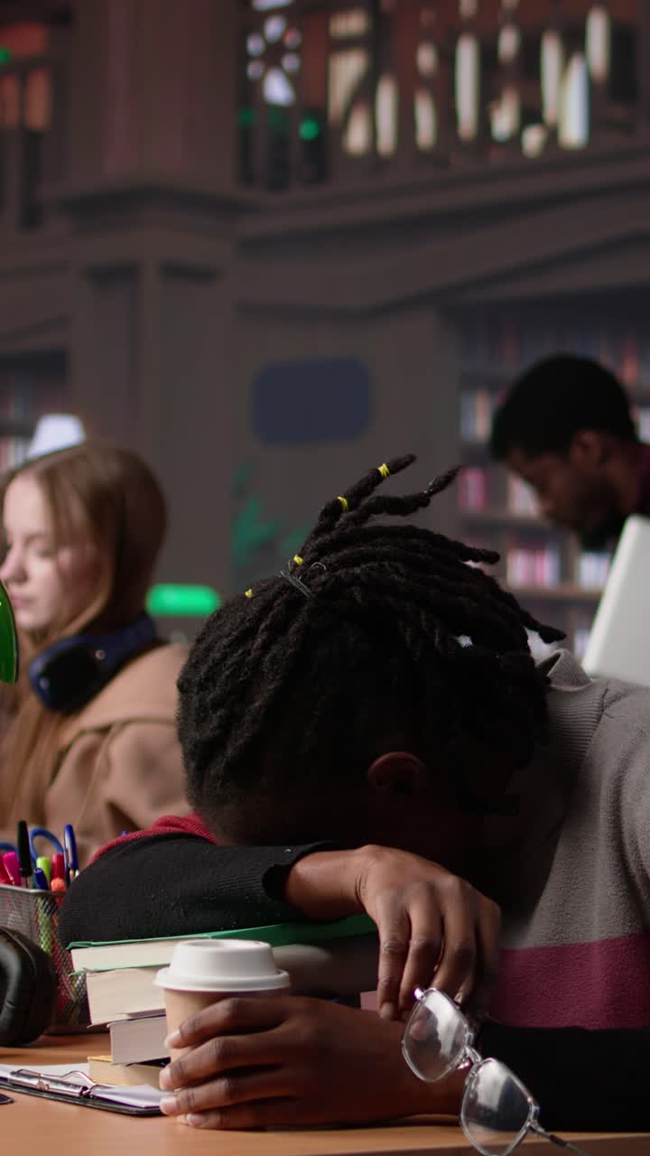 Vertical video african american student falling asleep on books pile in the campus library