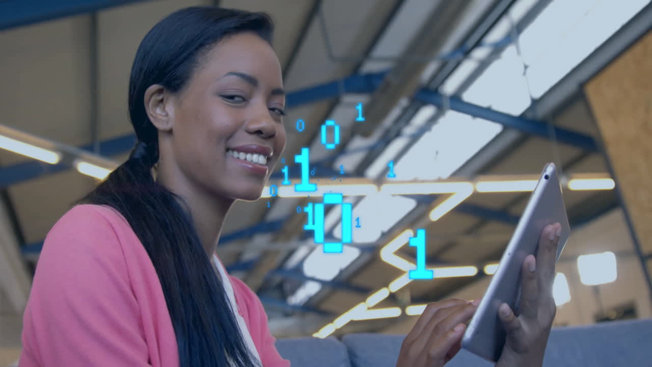 Animation of binary coding data processing over diverse business people in office