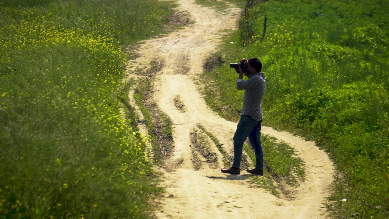 A photographer stands on a winding rural path beside a mustard field