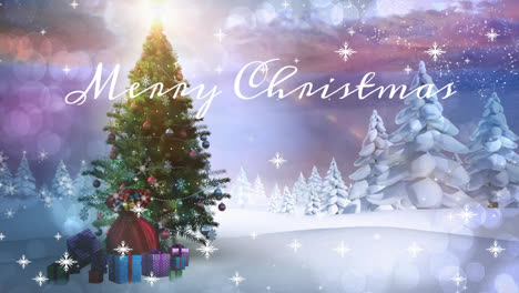 Animation-of-christmas-greetings-text-over-snow-falling-and-christmas-tree-in-winter-scenery