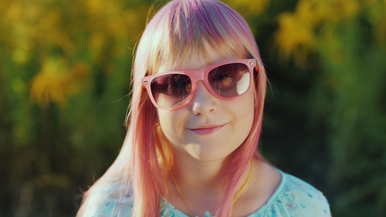 retrato de un niño alegre con gafas de sol rosas y pelo rosa