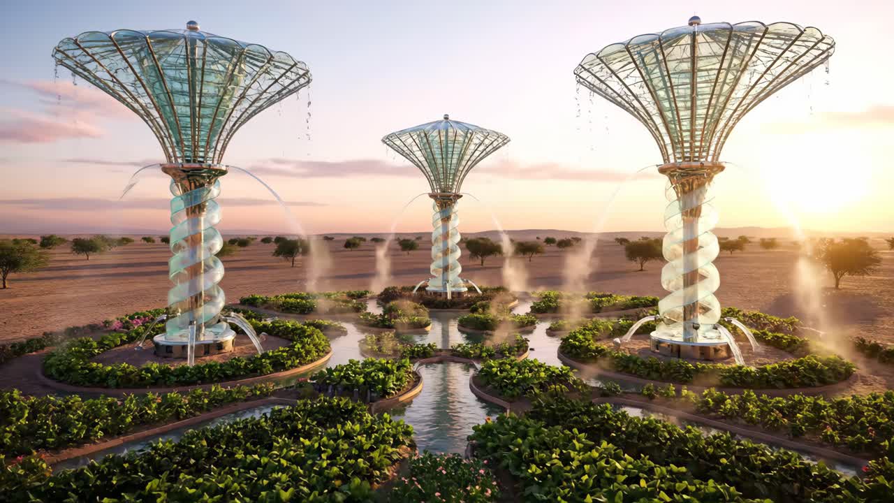 Futuristic Oasis in the Desert: Water Fountain Landscape