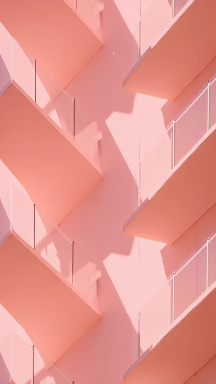 Modern Pink Building Facade with Balconies and Geometric Shadows