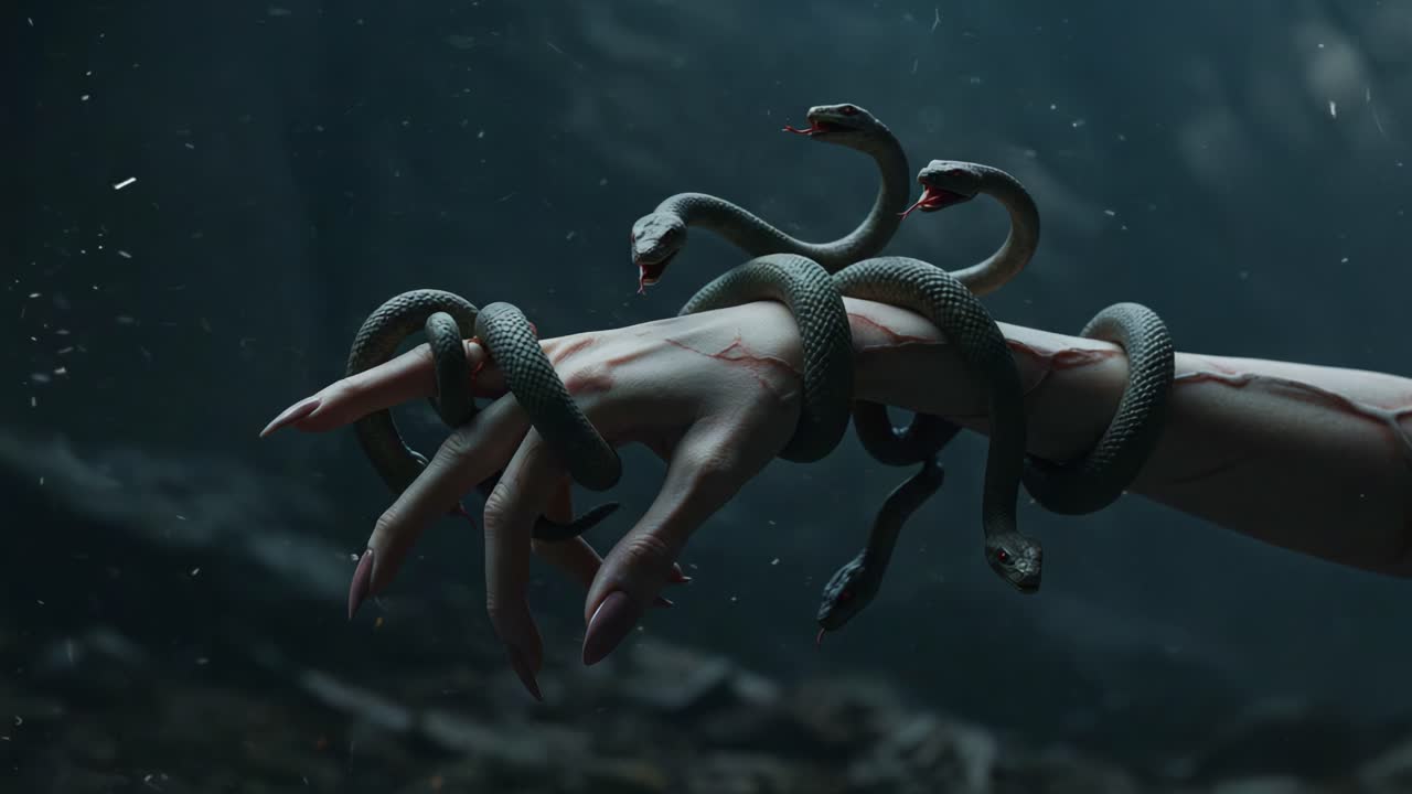 An Enigmatic Display of Power: A Hand Adorned with Sinister Snakes, Delicately Coiling Around Each Finger, Exuding an Aura of Dark Enchantment and Intrigue