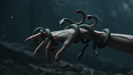 an enigmatic display of power: a hand adorned with sinister snakes, delicately coiling around each finger, exuding an aura of dark enchantment and intrigue