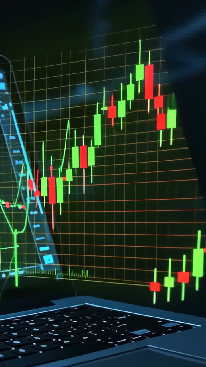 Vertical video: Starting laptop and smartphone chart fading, grid animating on desk showing upturn