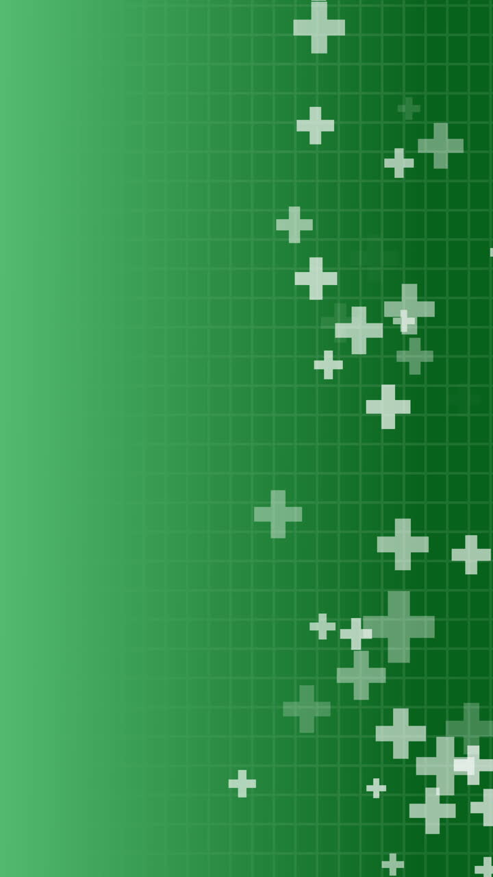 Medical cross and plus background. Abstract loop green background for hospital and pharmacy. Geometrical shapes ornament on border. Vertical video.