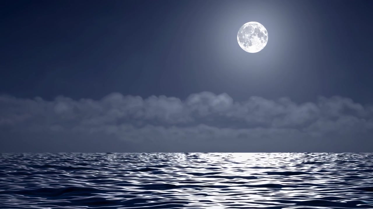 Full Moon Shining Over Calm Ocean Waves at Night