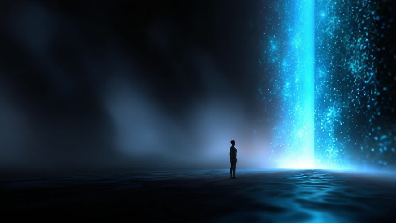 Una figura solitaria attende sotto un misterioso portale di luce e meraviglie cosmiche, circondata dall'oscurità in un'atmosfera onirica di infinite possibilità