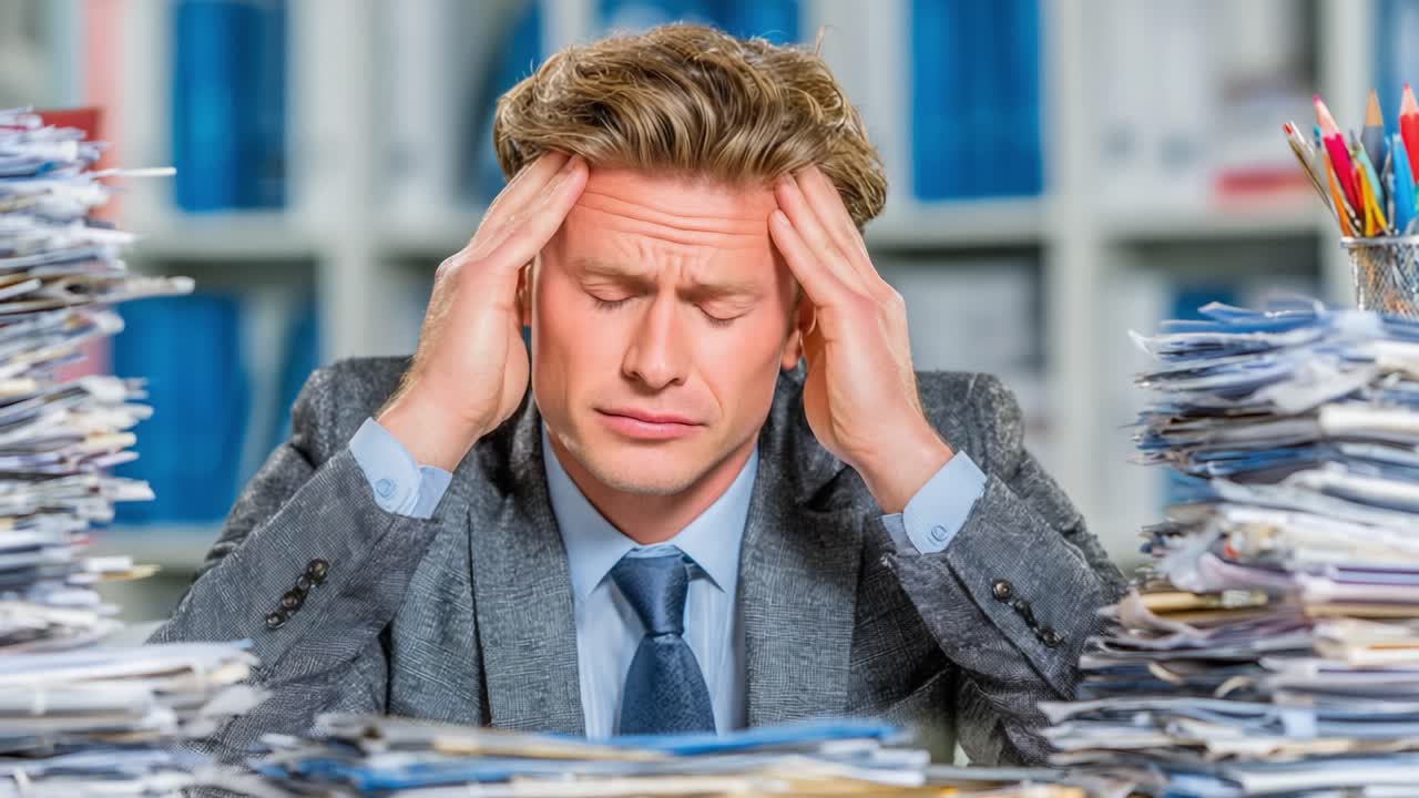 Overwhelmed Professional in a Messy Office Struggles with Stress While Surrounded by Towering Piles of Paperwork, Highlighting Workplace Anxiety and Pressure