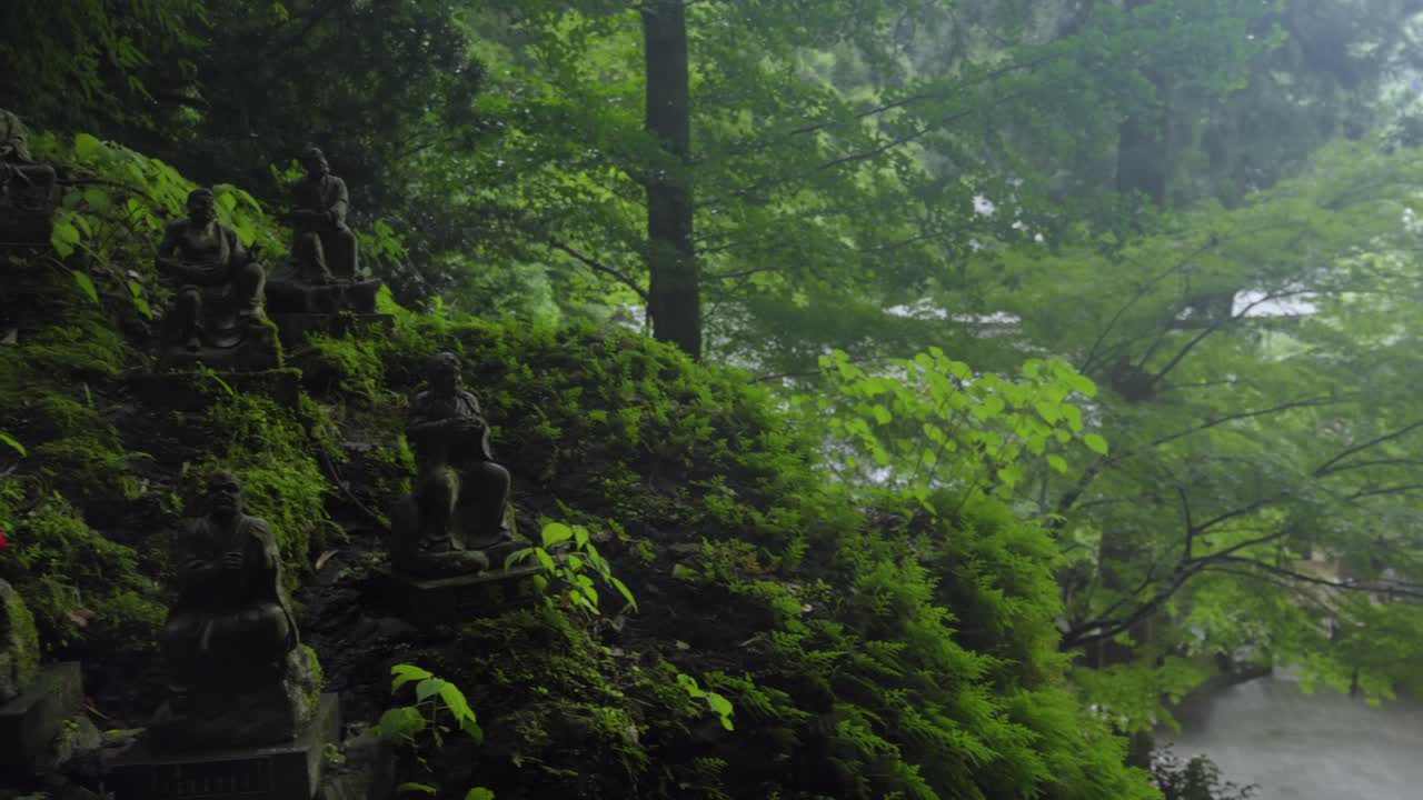 Jizo and Buddha daibutsu stone statues at top of mountain forest of Nanzoin Temple Fukuoka Japan rainy day panning