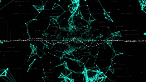digital animation of data processing over blue neon plexus networks against black background