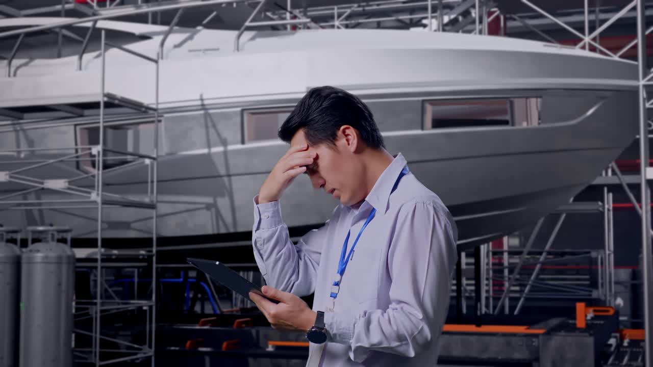 Side View Of An Asian Male Professional Worker Standing With His Tablet with Yacht Construction in Modern Shipyard, Checking With Dissapionted And Nodding His Head