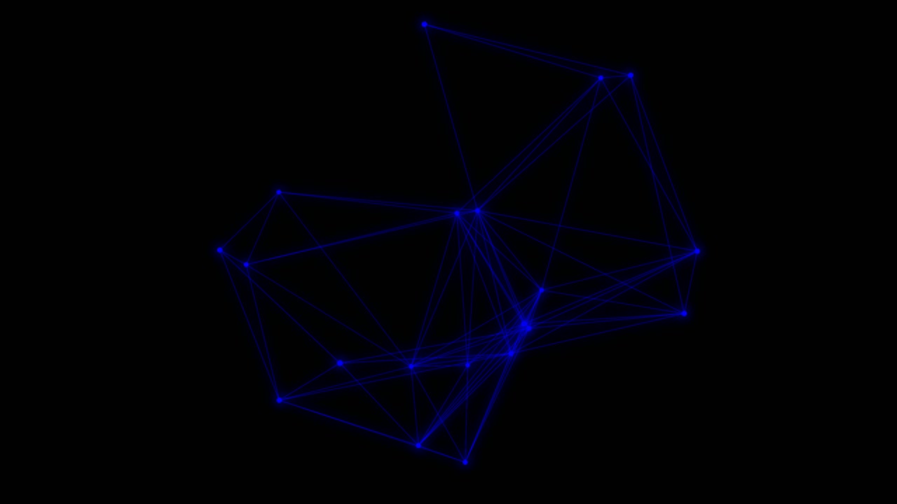 Blue network connections appearing, blue dots connecting with blue lines, network rotating slowly on black background