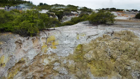 panning shot of tourist visiting famous wai-o-tapu thermal wonderland, rotorua, new zealand