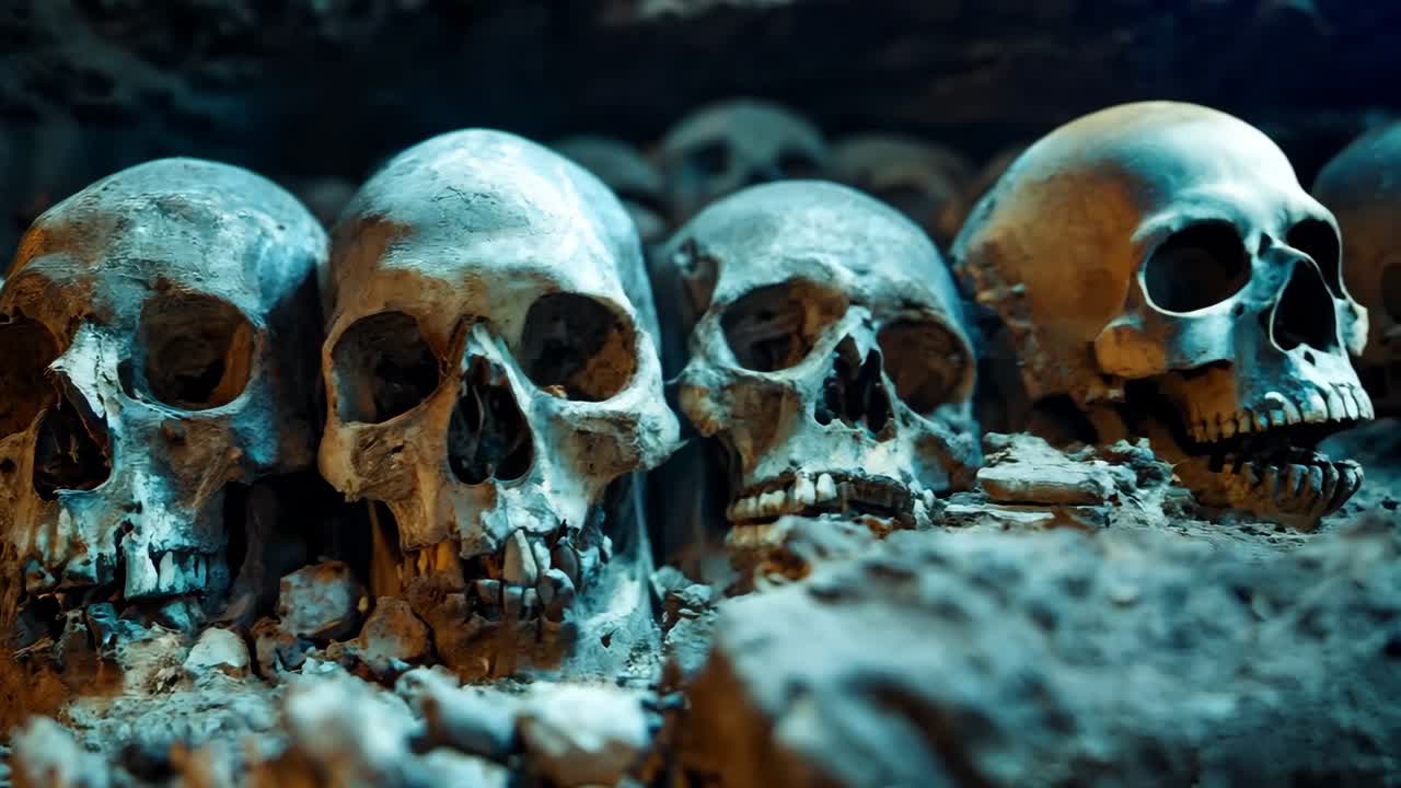 un grupo de cráneos con dientes faltantes, dispuestos en una fila