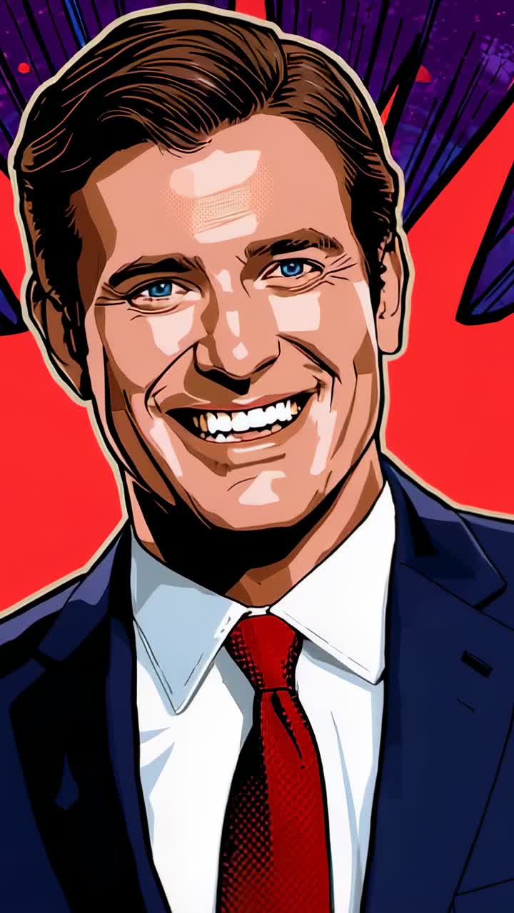 Video verticale: uomo ben vestito in posa sorridente in uno sfondo fumettistico con abito blu scuro e cravatta rossa