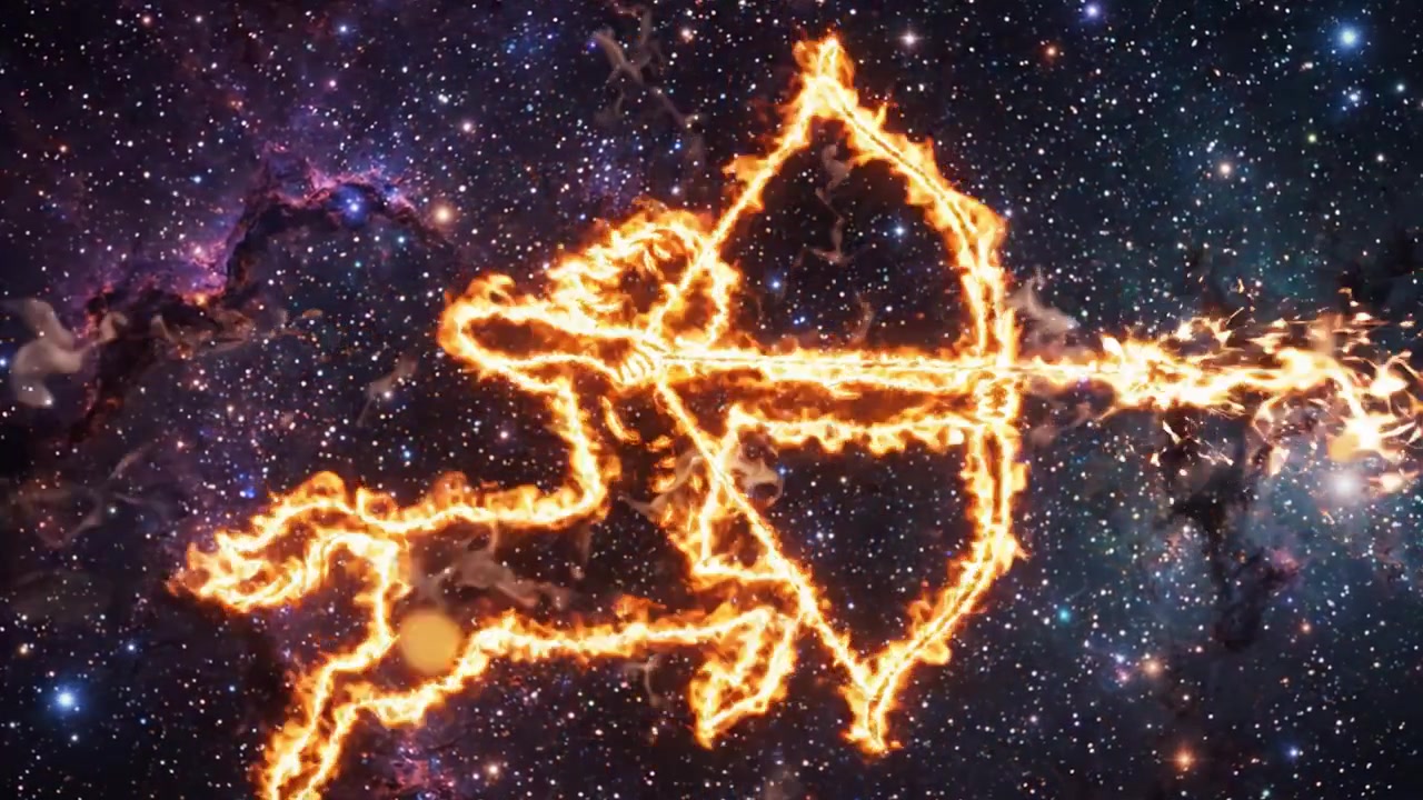 Una trasformazione cosmica: da una bellissima notte stellata a una costellazione del Sagittario fiammeggiante avvolta nel fuoco celeste, simboleggiando i misteri dell'universo