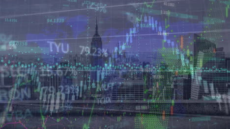 animation of financial data processing over cityscape