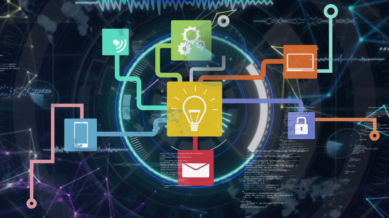 어두운 배경에서 전 세계를 스캔하는 데이터 처리 및 스캔 범위의 애니메이션