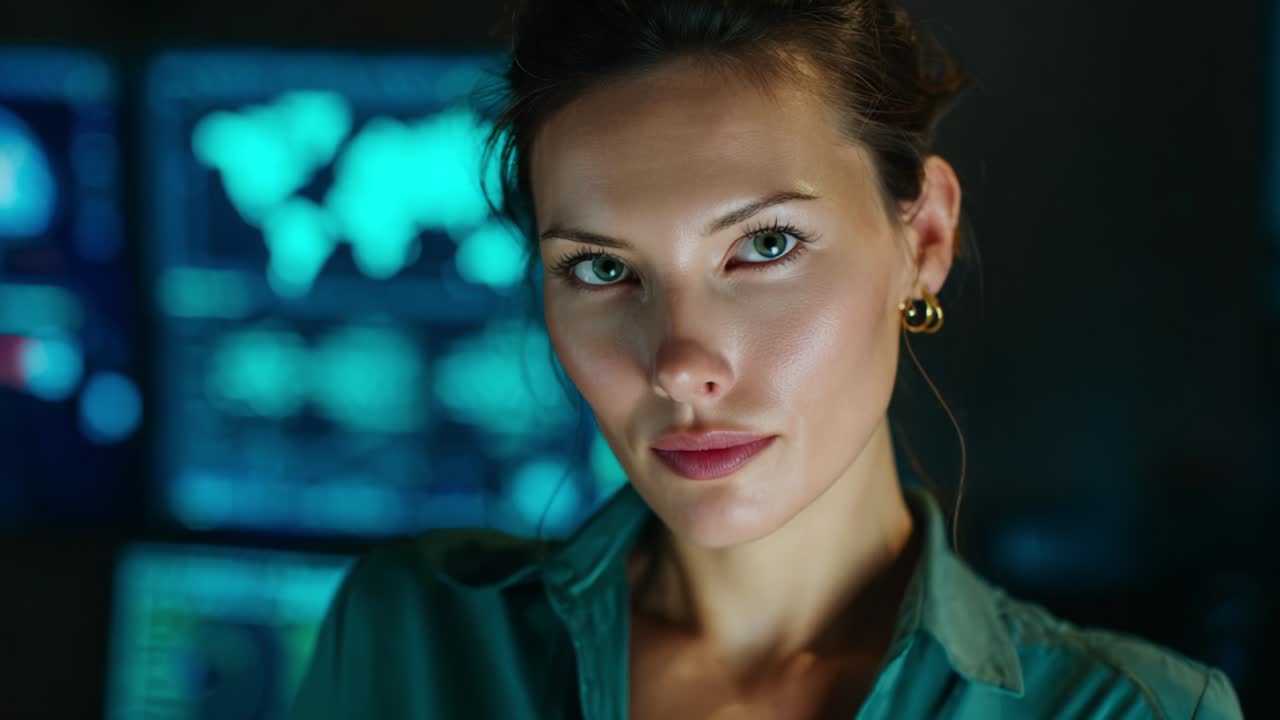Intense Focus and Determination: A Close-Up of a Professional Female in Front of High-Tech Data Displays, Radiating Confidence and Intelligence in a Dimly Lit Environment, Captured in Two Distinct Frames