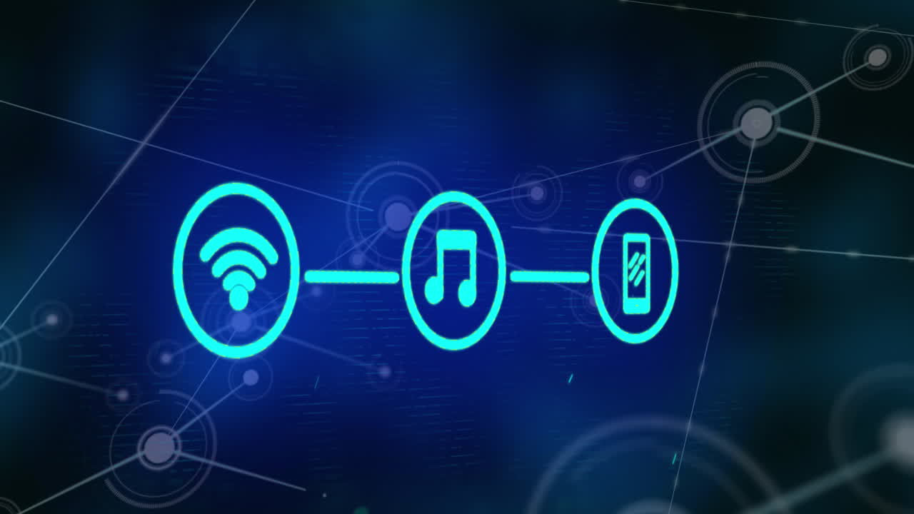 animação de ícones de wifi, música e telefone formando diagrama de fluxo sobre pontos conectados