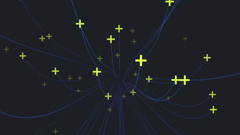 Abstract illusion shape with neon crosses and lines on black gradient