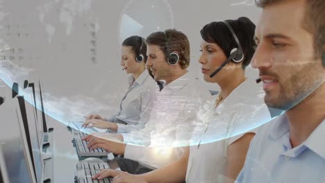 Animation-of-globe-over-diverse-business-people-using-phone-headsets