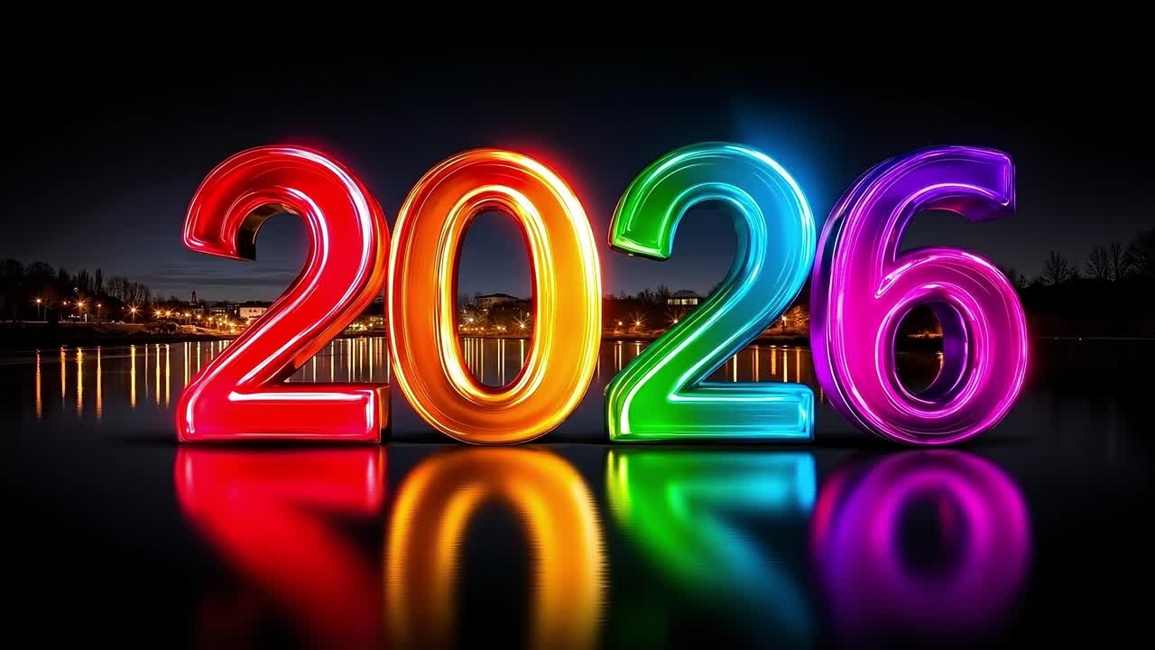 Rainbow Neon 2026 Numbers with Glossy Glow on Black Background