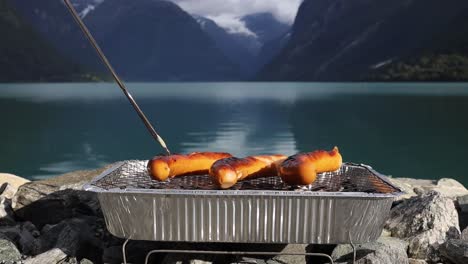 grilling sausages on disposable barbecue grid.