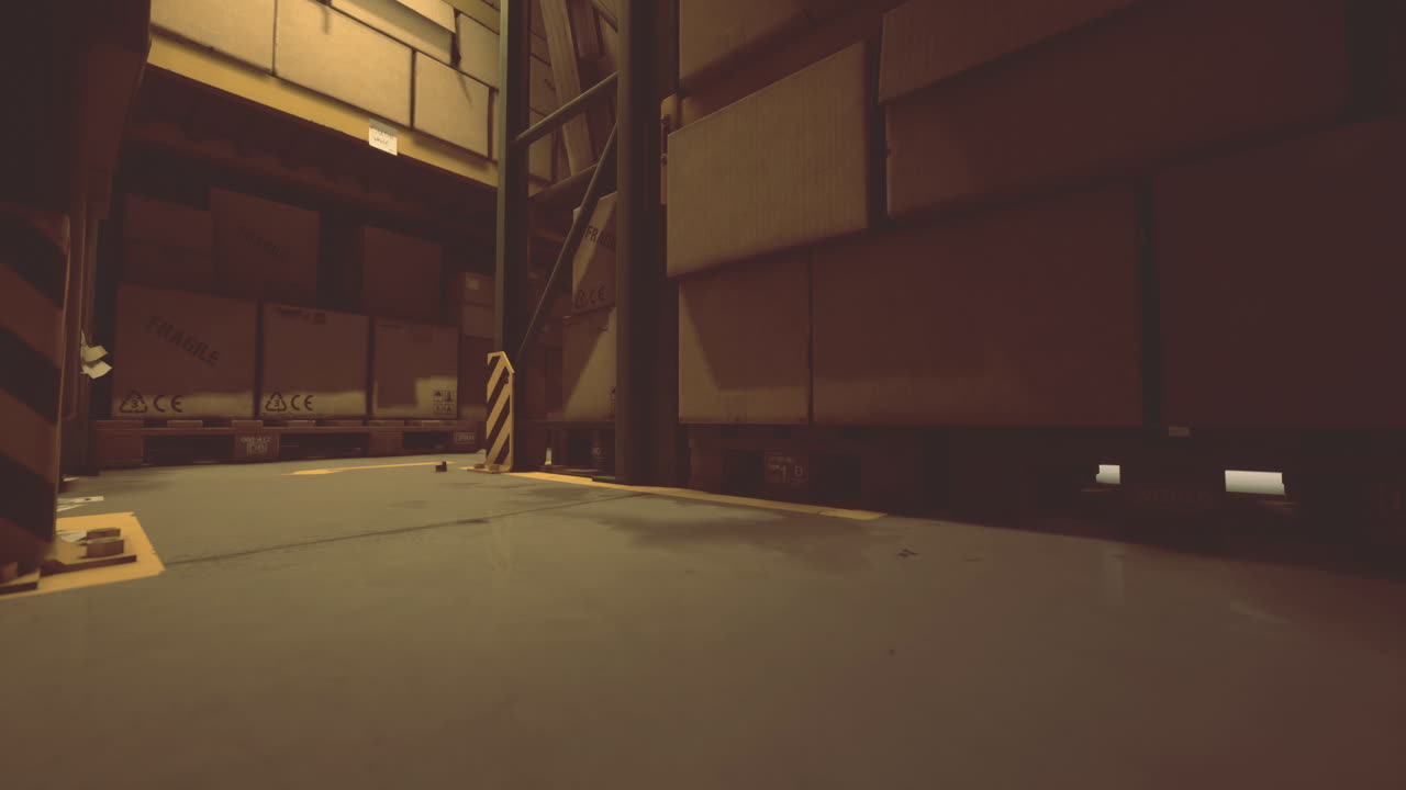 Industrial warehouse interior with stacked boxes during twilight hours
