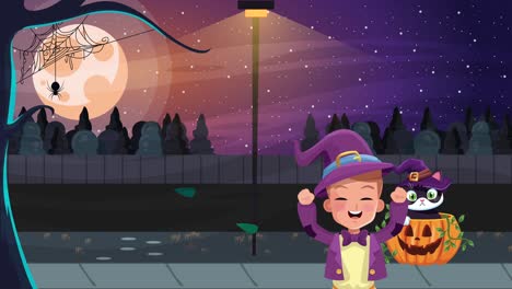 feliz escena animada de halloween con una pequeña bruja y un gato en calabaza