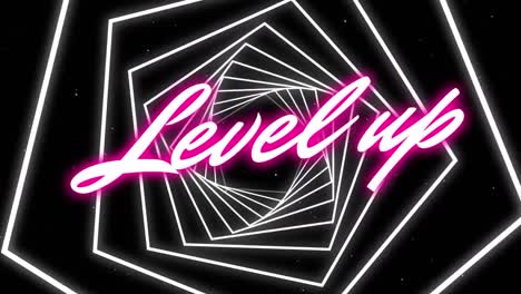 neon pink level up text against hexagons spinning in seamless motion on black background