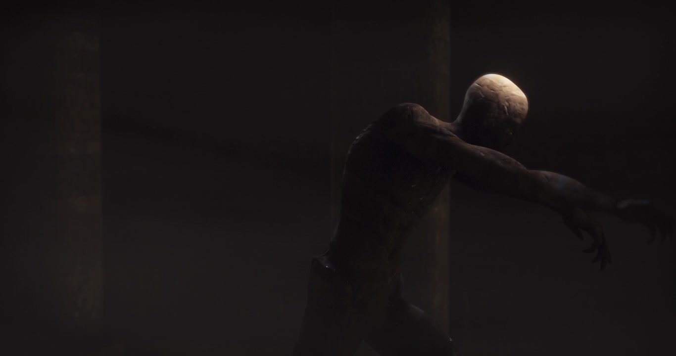Animation of scary zombie mummy walking around in dark crypt room