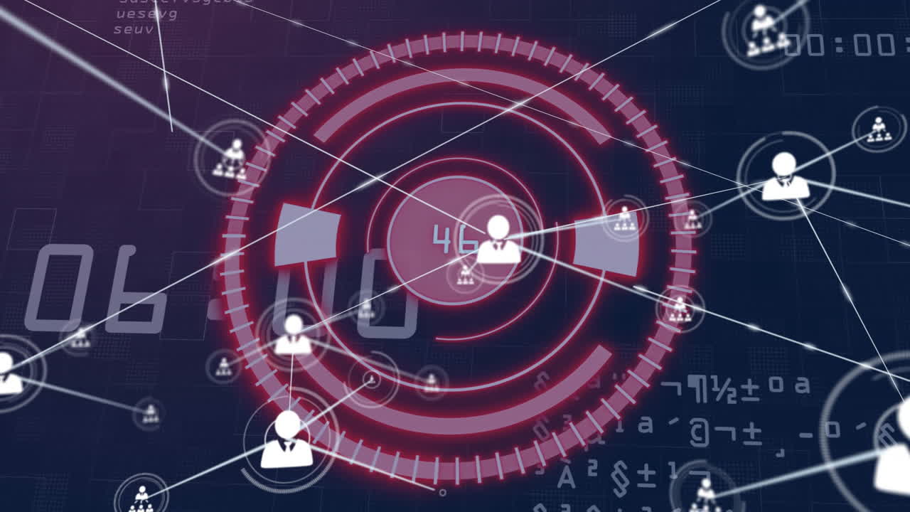 procesamiento de datos y animación de conexiones de red con iconos de usuario en la interfaz digital