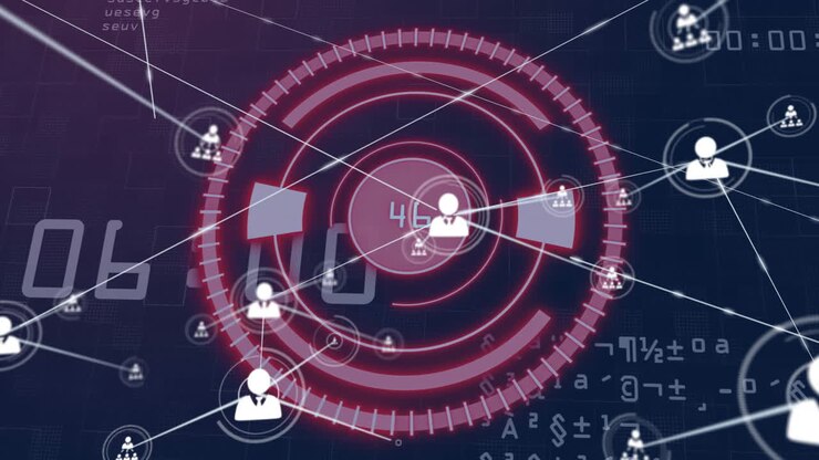 Data processing and network connections animation with user icons on digital interface