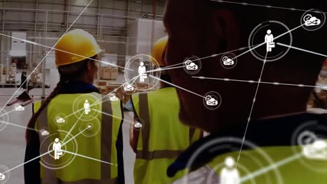 animation of connected businessperson and settings icons over diverse workers in protective wear